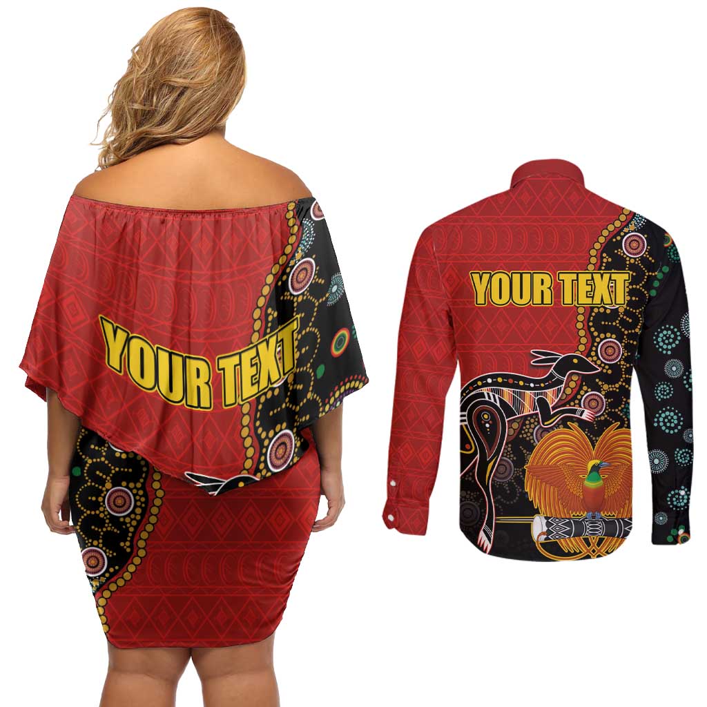 Personalised Papua New Guinea and Australia Together Couples Matching Off Shoulder Short Dress and Long Sleeve Button Shirt Bird-of-paradise and Kangaroo with Aboriginal Pattern