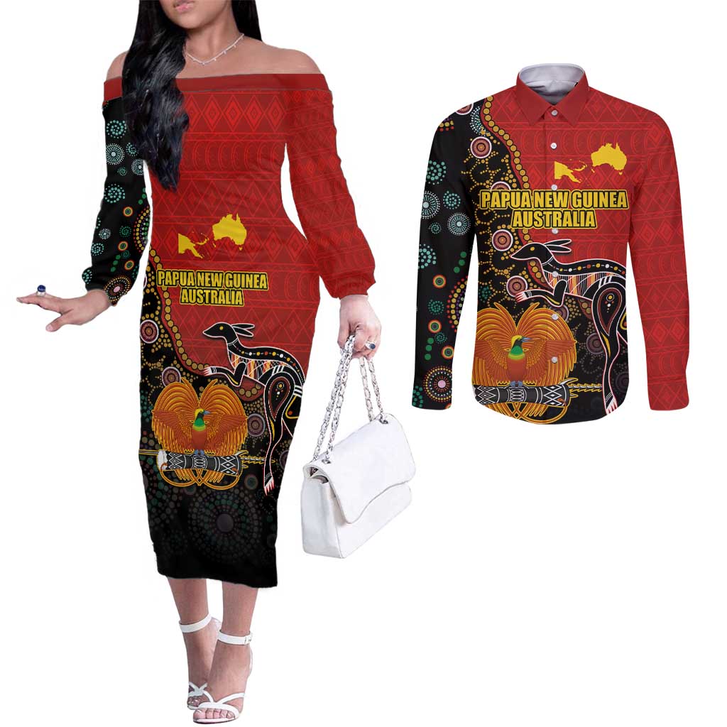 Personalised Papua New Guinea and Australia Together Couples Matching Off The Shoulder Long Sleeve Dress and Long Sleeve Button Shirt Bird-of-paradise and Kangaroo with Aboriginal Pattern
