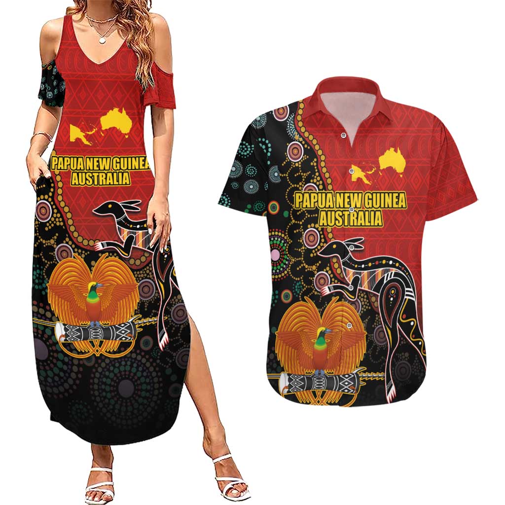 Personalised Papua New Guinea and Australia Together Couples Matching Summer Maxi Dress and Hawaiian Shirt Bird-of-paradise and Kangaroo with Aboriginal Pattern