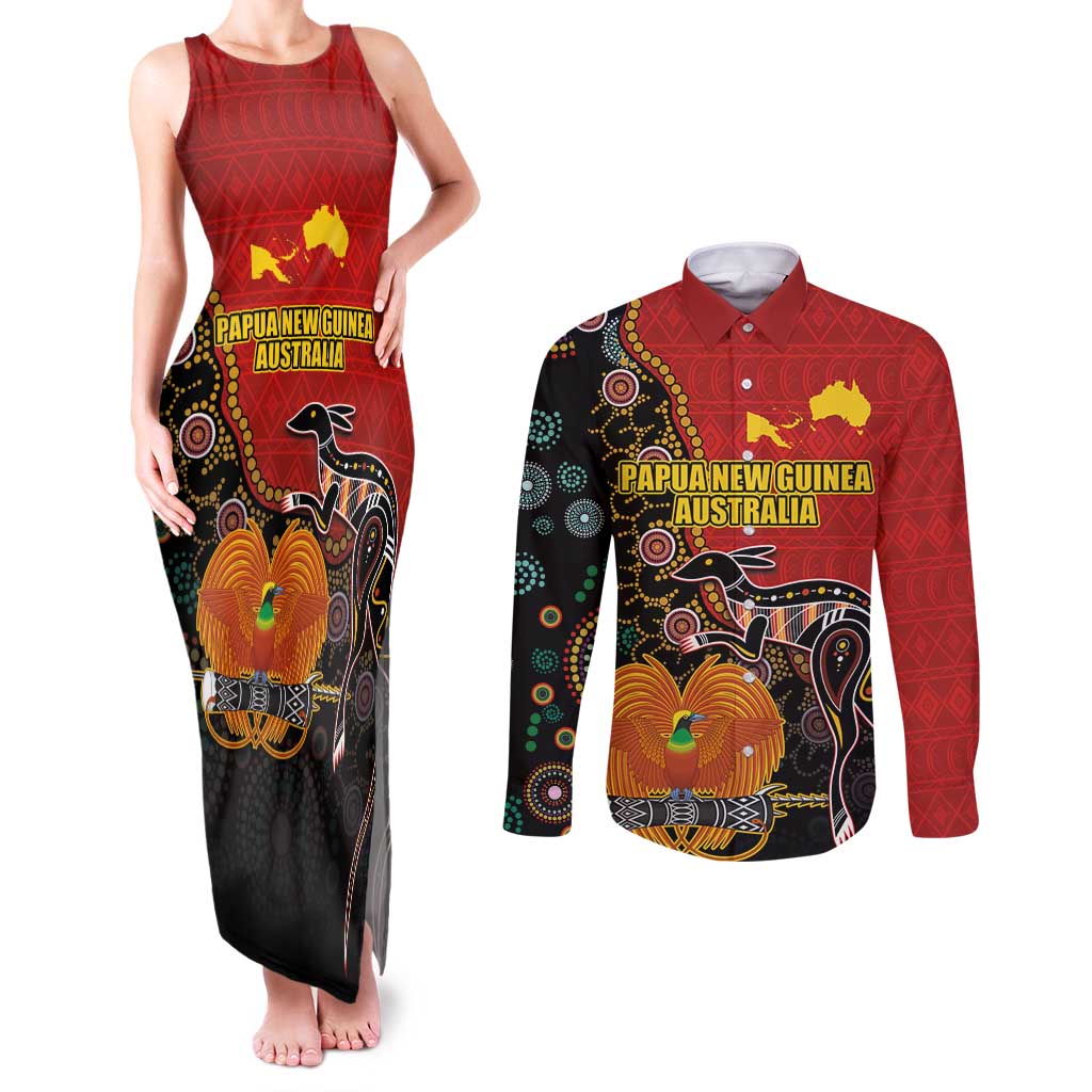 Personalised Papua New Guinea and Australia Together Couples Matching Tank Maxi Dress and Long Sleeve Button Shirt Bird-of-paradise and Kangaroo with Aboriginal Pattern
