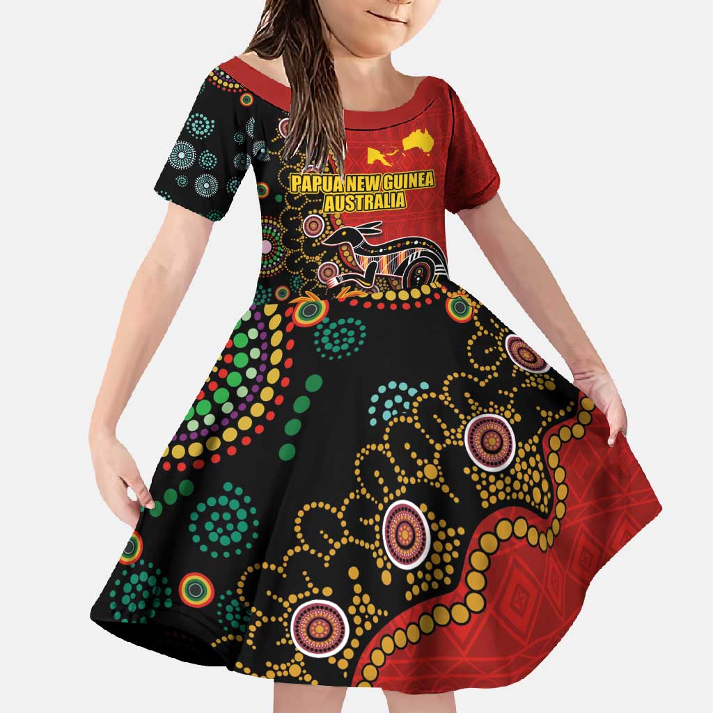 Personalised Papua New Guinea and Australia Together Family Matching Mermaid Dress and Hawaiian Shirt Bird-of-paradise and Kangaroo with Aboriginal Pattern LT03 Daughter's Dress Red - Polynesian Pride