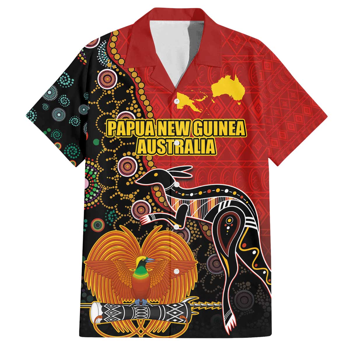 Personalised Papua New Guinea and Australia Together Family Matching Off The Shoulder Long Sleeve Dress and Hawaiian Shirt Bird-of-paradise and Kangaroo with Aboriginal Pattern LT03 Dad's Shirt - Short Sleeve Red - Polynesian Pride