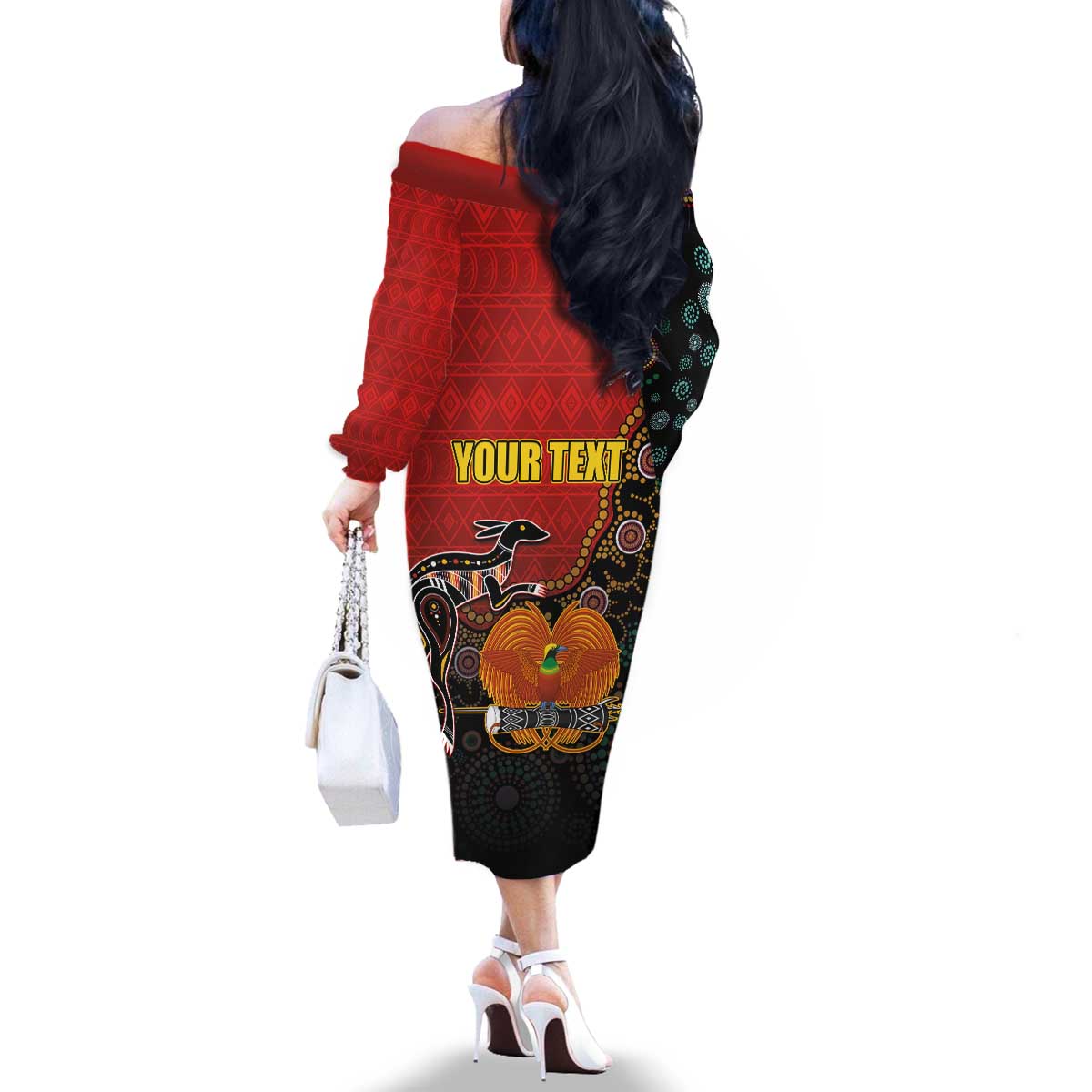 Personalised Papua New Guinea and Australia Together Family Matching Off The Shoulder Long Sleeve Dress and Hawaiian Shirt Bird-of-paradise and Kangaroo with Aboriginal Pattern LT03 - Polynesian Pride