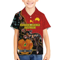 Personalised Papua New Guinea and Australia Together Family Matching Off The Shoulder Long Sleeve Dress and Hawaiian Shirt Bird-of-paradise and Kangaroo with Aboriginal Pattern LT03 Son's Shirt Red - Polynesian Pride