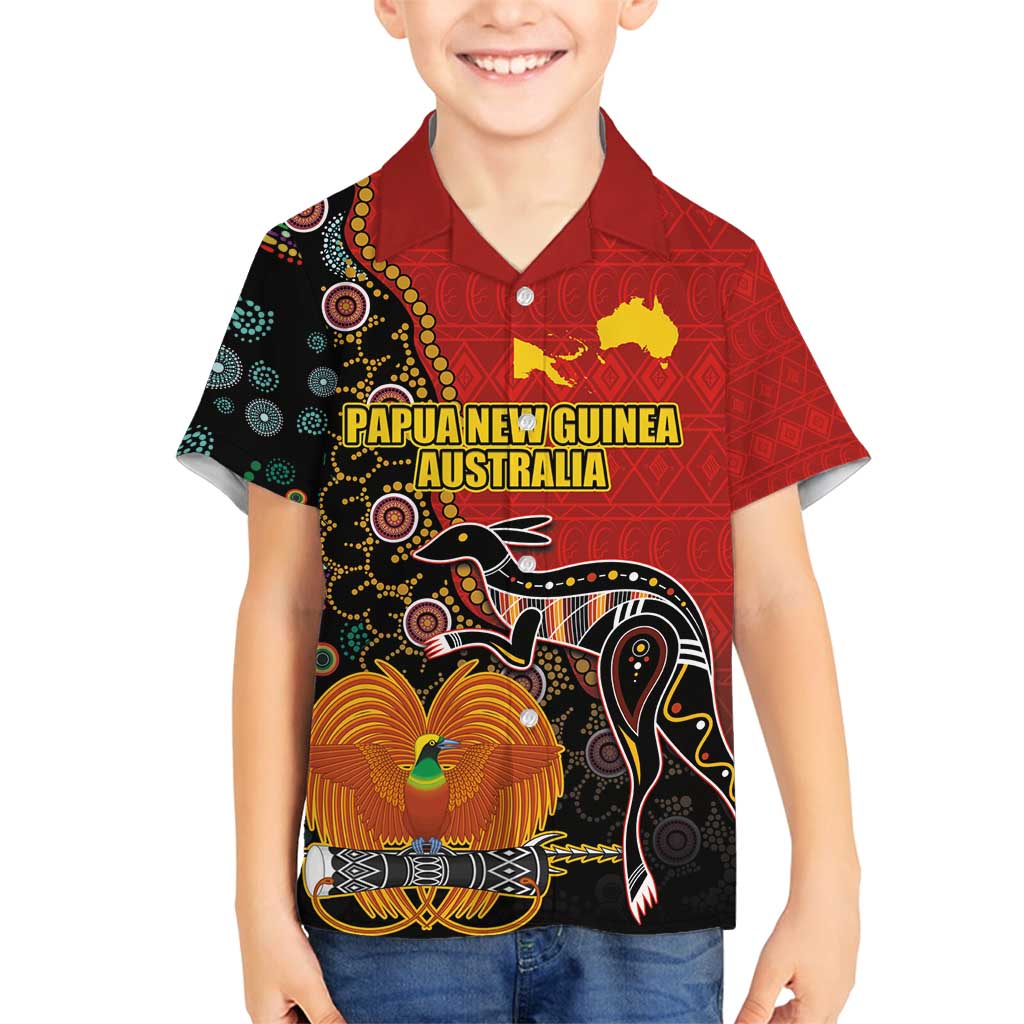 Personalised Papua New Guinea and Australia Together Family Matching Off Shoulder Maxi Dress and Hawaiian Shirt Bird-of-paradise and Kangaroo with Aboriginal Pattern LT03 Son's Shirt Red - Polynesian Pride