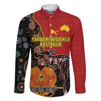 Personalised Papua New Guinea and Australia Together Family Matching Off Shoulder Short Dress and Hawaiian Shirt Bird-of-paradise and Kangaroo with Aboriginal Pattern LT03 Dad's Shirt - Long Sleeve Red - Polynesian Pride