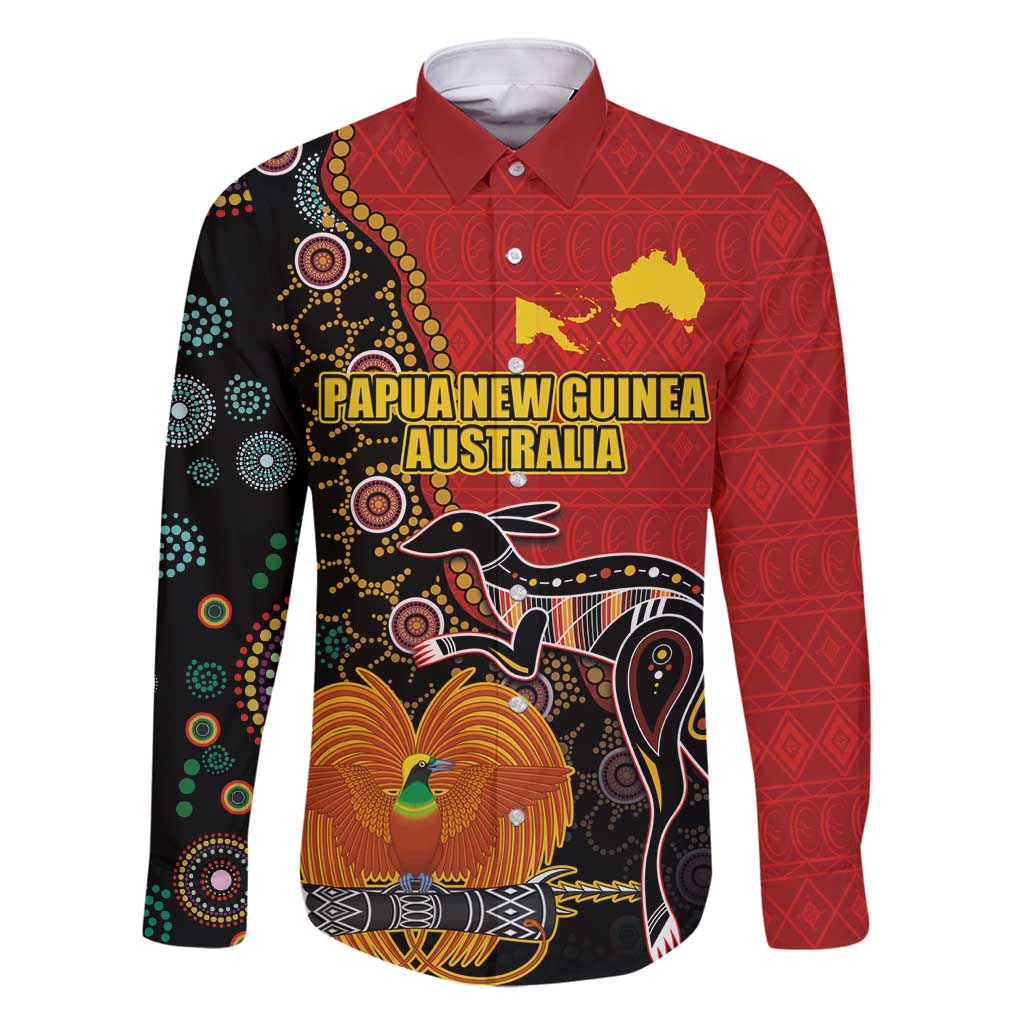 Personalised Papua New Guinea and Australia Together Family Matching Summer Maxi Dress and Hawaiian Shirt Bird-of-paradise and Kangaroo with Aboriginal Pattern LT03 Dad's Shirt - Long Sleeve Red - Polynesian Pride