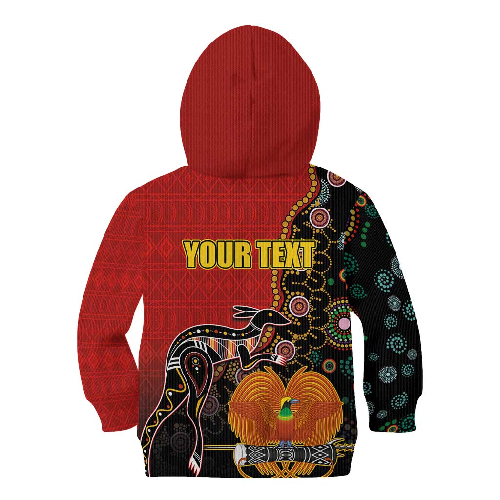 Personalised Papua New Guinea and Australia Together Kid Hoodie Bird-of-paradise and Kangaroo with Aboriginal Pattern