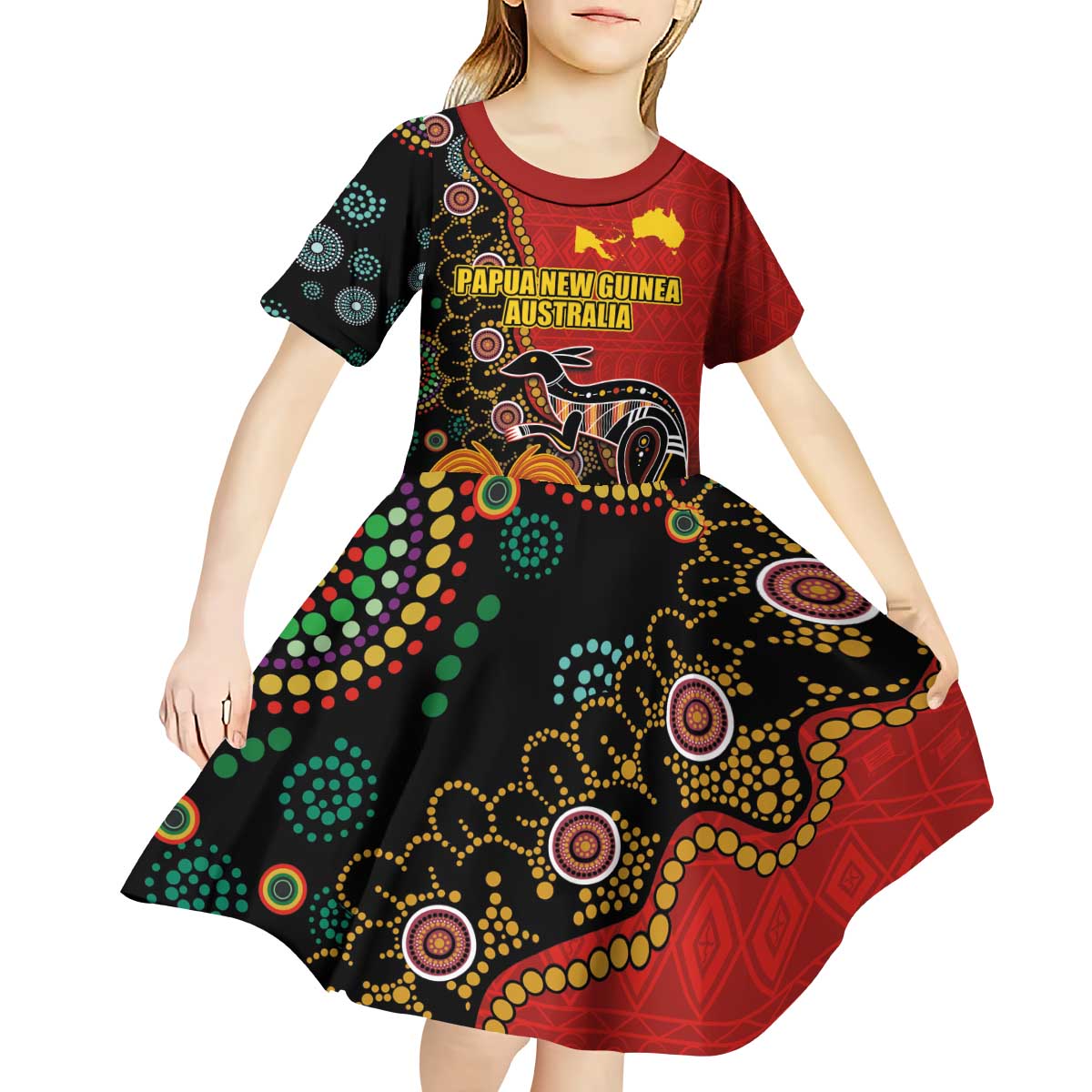 Personalised Papua New Guinea and Australia Together Kid Short Sleeve Dress Bird-of-paradise and Kangaroo with Aboriginal Pattern