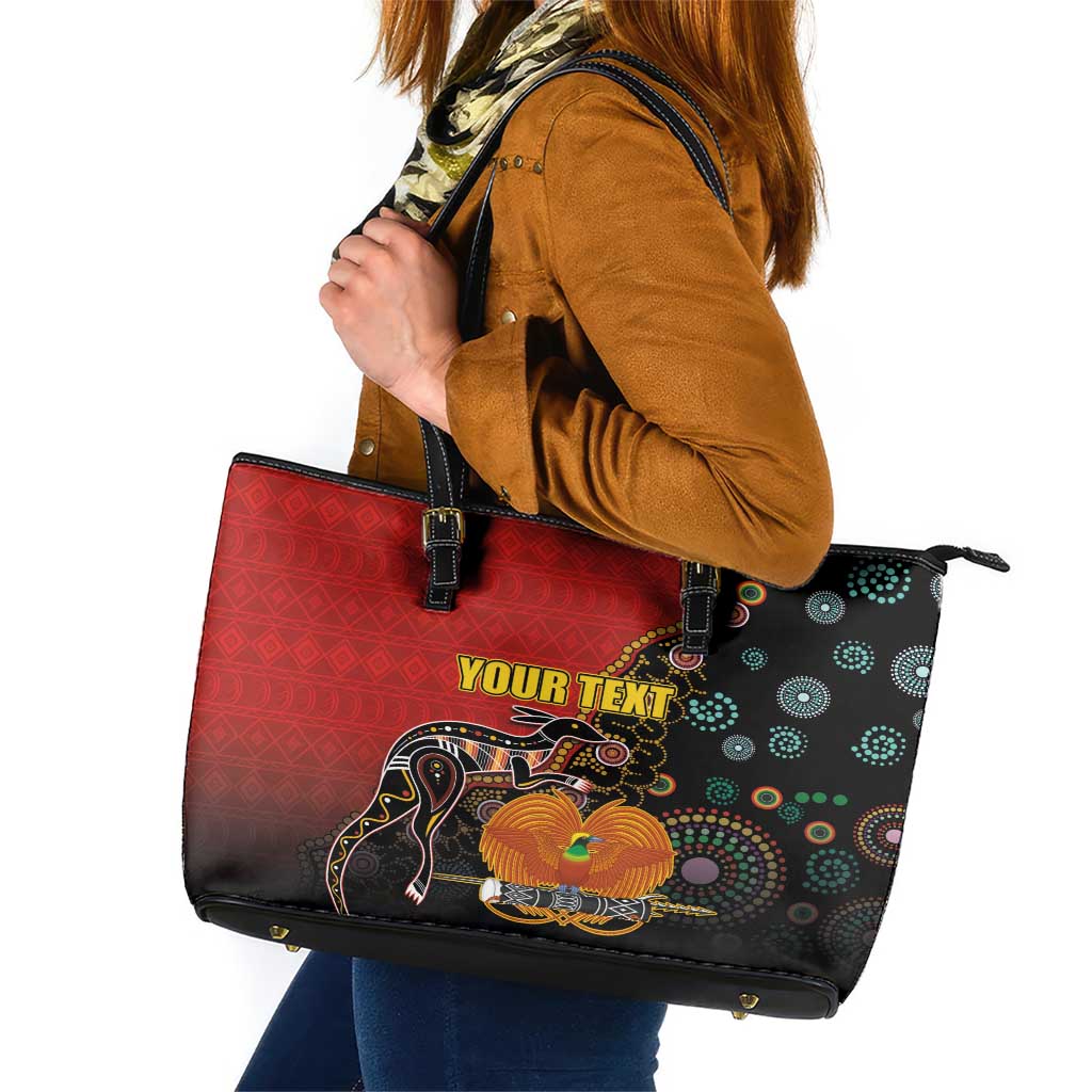 Personalised Papua New Guinea and Australia Together Leather Tote Bag Bird-of-paradise and Kangaroo with Aboriginal Pattern LT03 Red - Polynesian Pride
