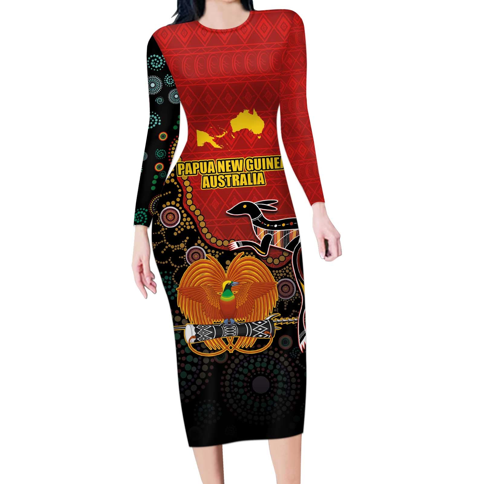 Personalised Papua New Guinea and Australia Together Long Sleeve Bodycon Dress Bird-of-paradise and Kangaroo with Aboriginal Pattern