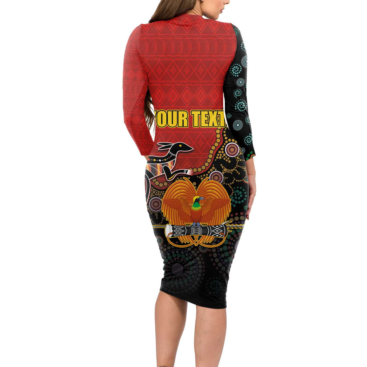 Personalised Papua New Guinea and Australia Together Long Sleeve Bodycon Dress Bird-of-paradise and Kangaroo with Aboriginal Pattern LT03 - Polynesian Pride