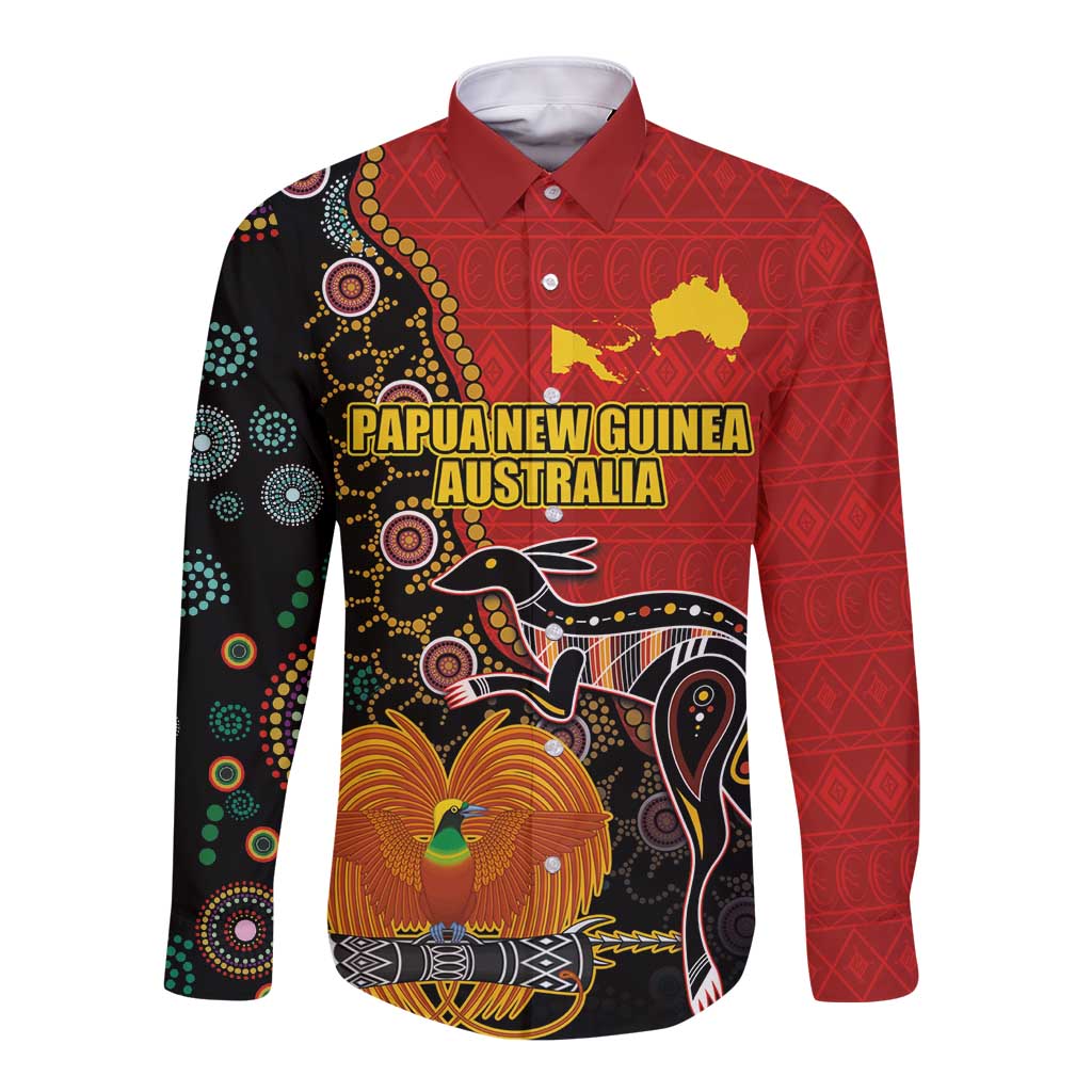 Personalised Papua New Guinea and Australia Together Long Sleeve Button Shirt Bird-of-paradise and Kangaroo with Aboriginal Pattern LT03 Unisex Red - Polynesian Pride