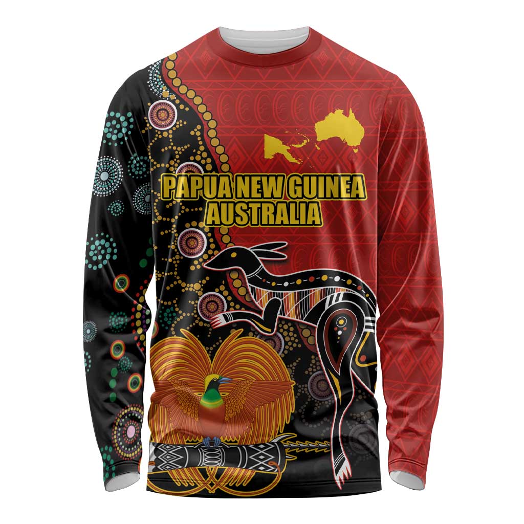 Personalised Papua New Guinea and Australia Together Long Sleeve Shirt Bird-of-paradise and Kangaroo with Aboriginal Pattern LT03 Unisex Red - Polynesian Pride
