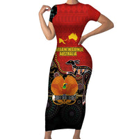 Personalised Papua New Guinea and Australia Together Short Sleeve Bodycon Dress Bird-of-paradise and Kangaroo with Aboriginal Pattern LT03 Long Dress Red - Polynesian Pride