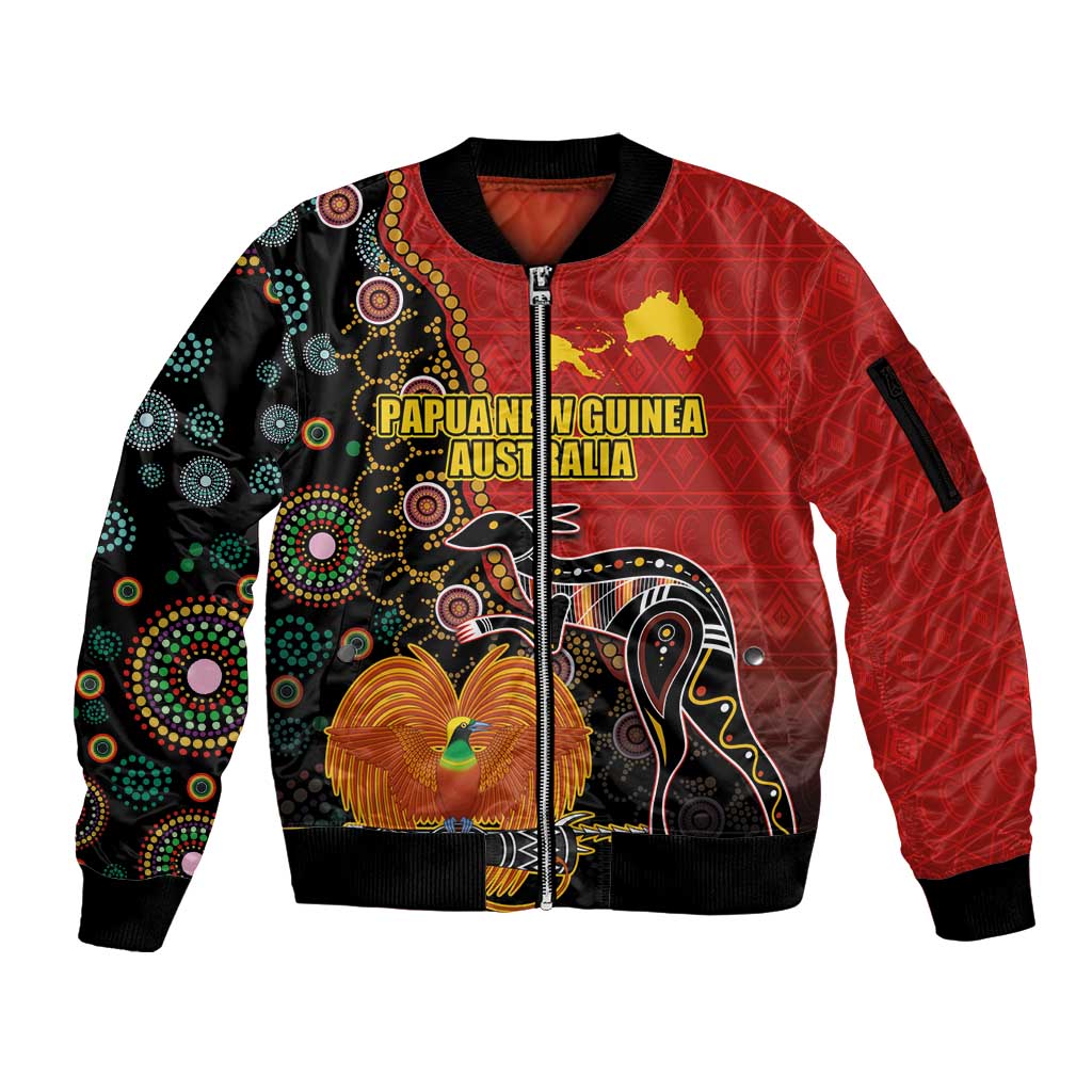 Personalised Papua New Guinea and Australia Together Sleeve Zip Bomber Jacket Bird-of-paradise and Kangaroo with Aboriginal Pattern LT03 Unisex Red - Polynesian Pride