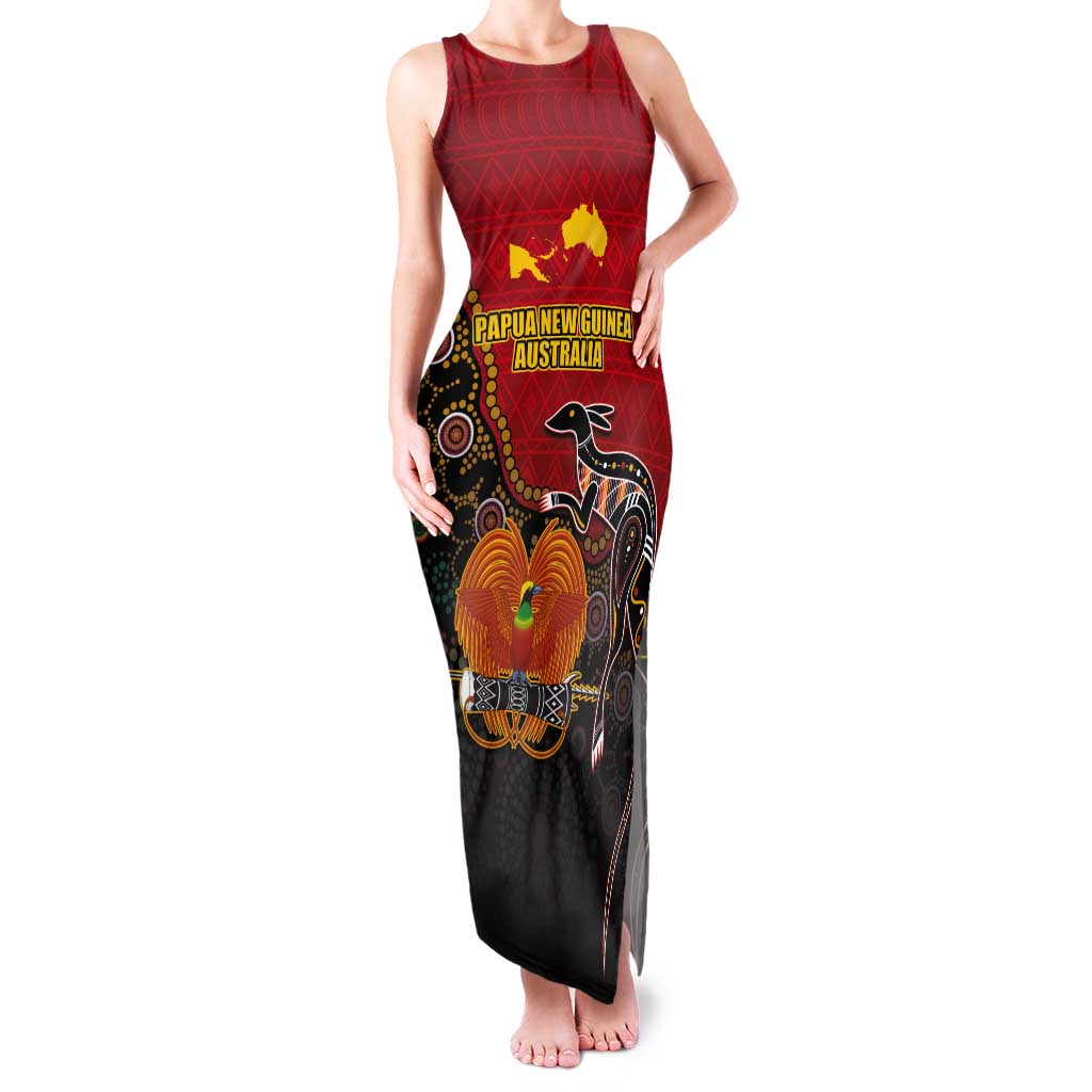 Personalised Papua New Guinea and Australia Together Tank Maxi Dress Bird-of-paradise and Kangaroo with Aboriginal Pattern LT03 Women Red - Polynesian Pride