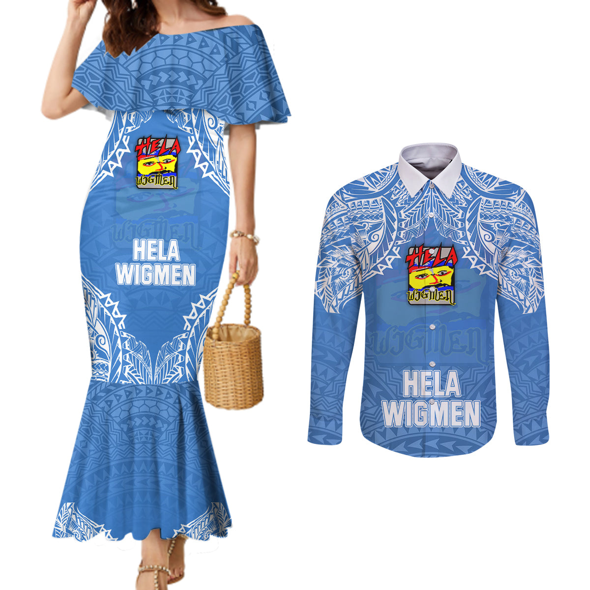 Hela Wigmen Rugby Couples Matching Mermaid Dress and Long Sleeve Button Shirts Papua New Guinea Polynesian Tattoo LT03 Blue - Polynesian Pride