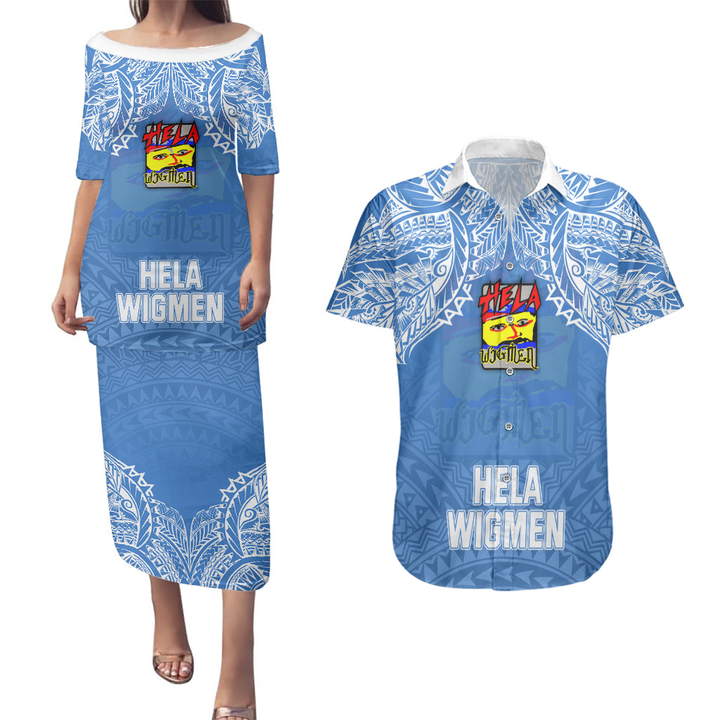 Hela Wigmen Rugby Couples Matching Puletasi Dress and Hawaiian Shirt Papua New Guinea Polynesian Tattoo LT03 Blue - Polynesian Pride