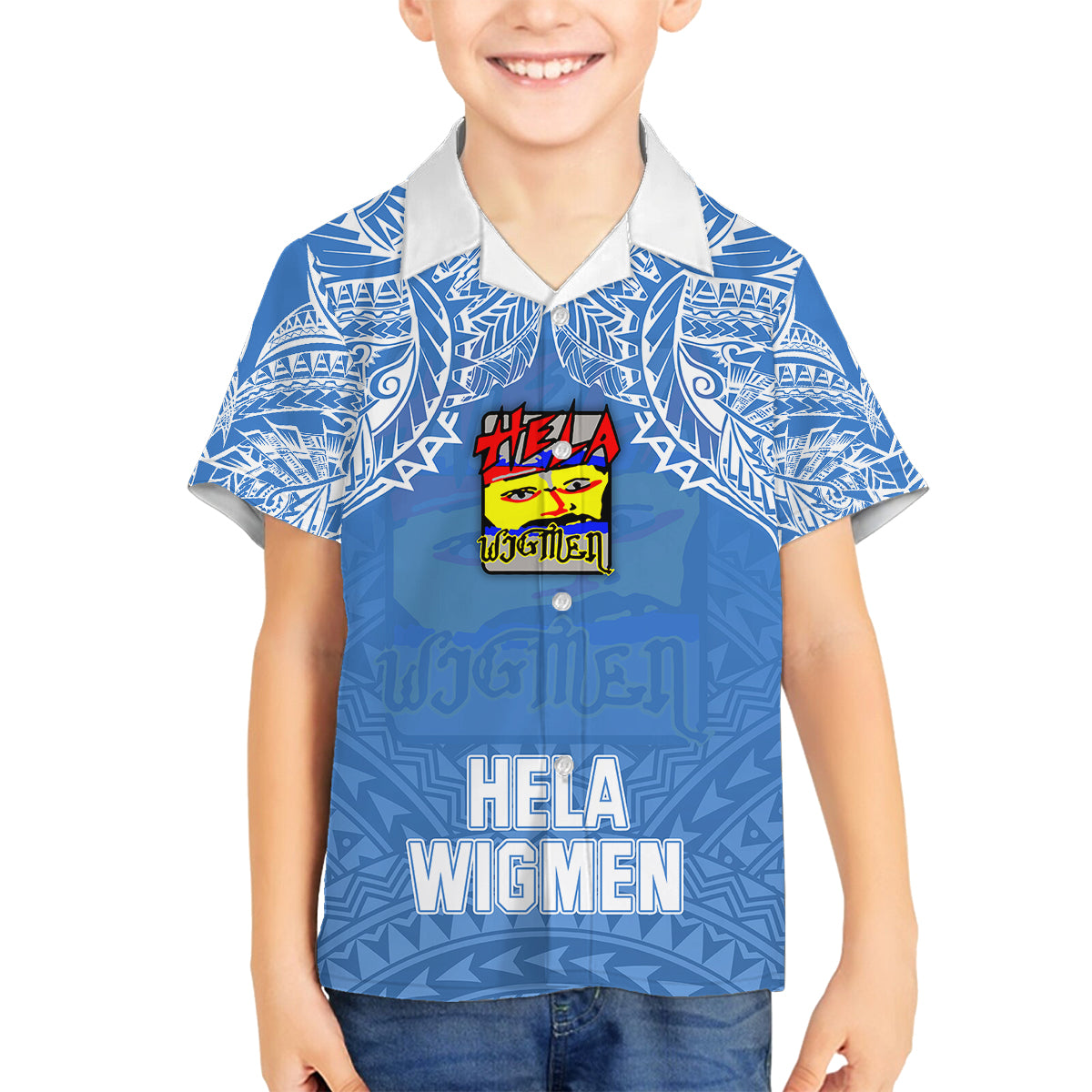 Hela Wigmen Rugby Family Matching Off Shoulder Short Dress and Hawaiian Shirt Papua New Guinea Polynesian Tattoo LT03 Son's Shirt Blue - Polynesian Pride