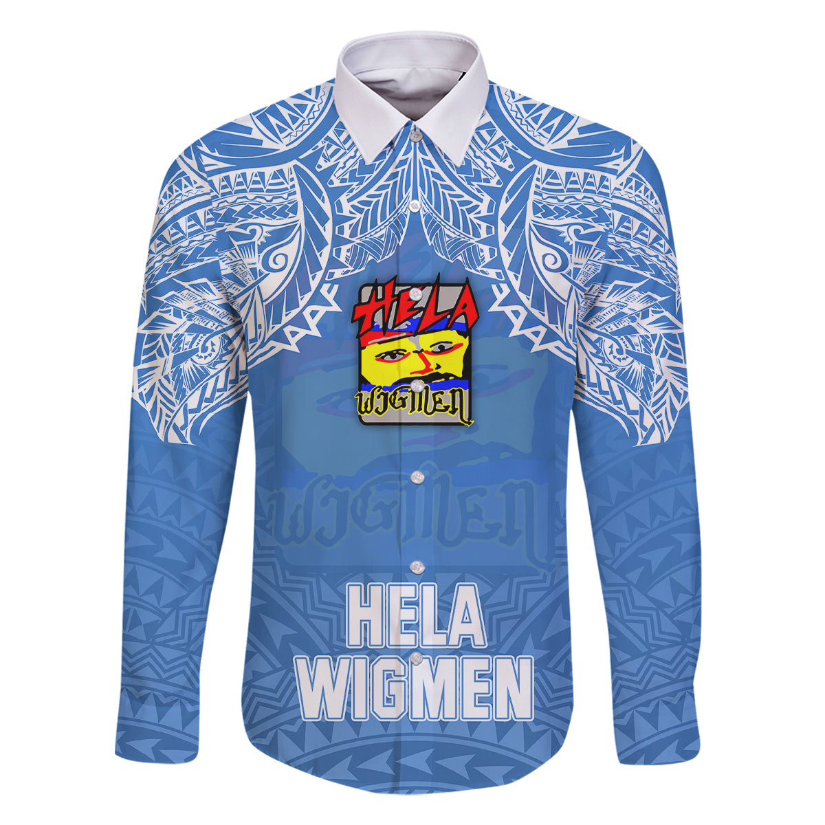 Custom Hela Wigmen Rugby Family Matching Off Shoulder Long Sleeve Dress and Hawaiian Shirt Papua New Guinea Polynesian Tattoo LT03 Dad's Shirt - Long Sleeve Blue - Polynesian Pride