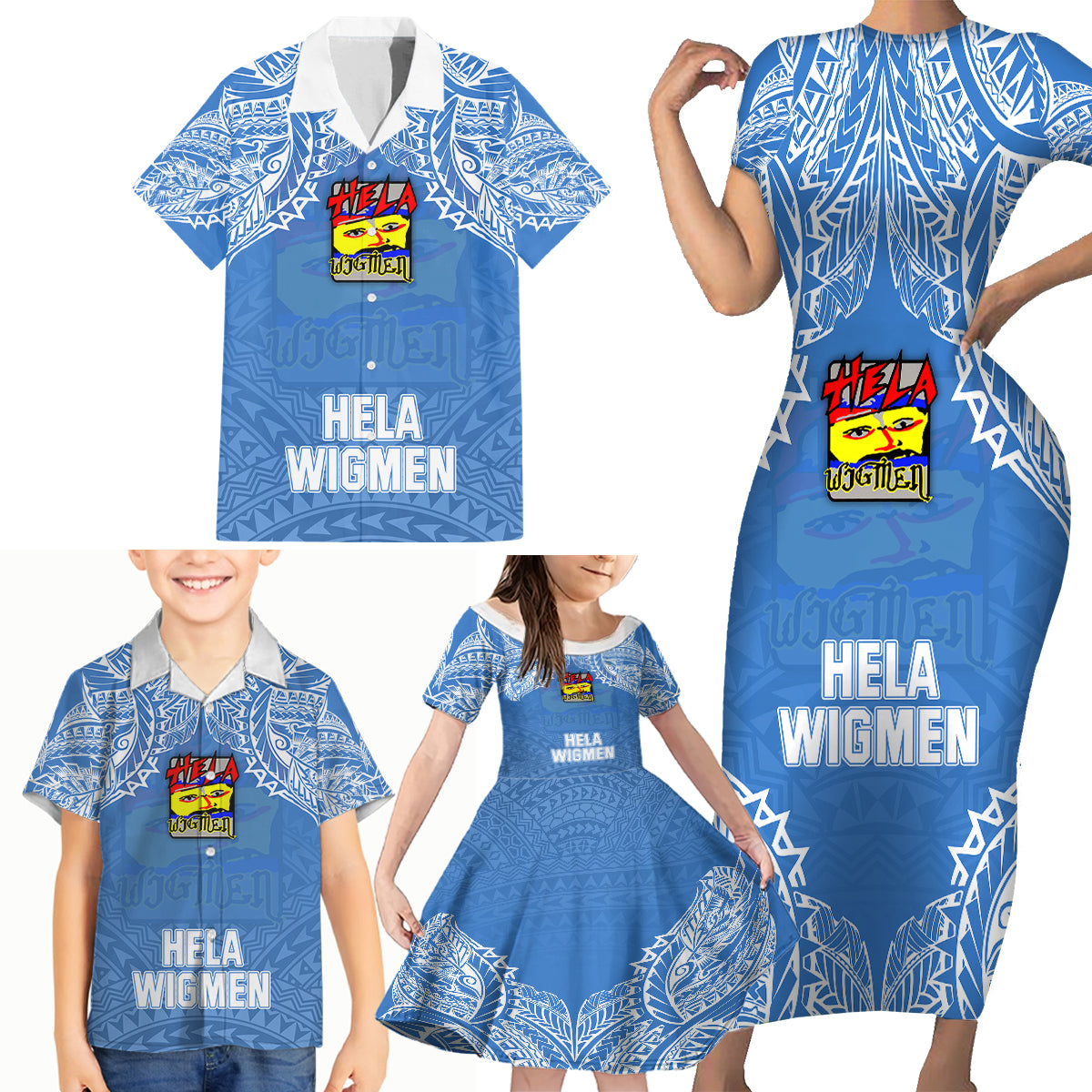 Custom Hela Wigmen Rugby Family Matching Short Sleeve Bodycon Dress and Hawaiian Shirt Papua New Guinea Polynesian Tattoo LT03 - Polynesian Pride