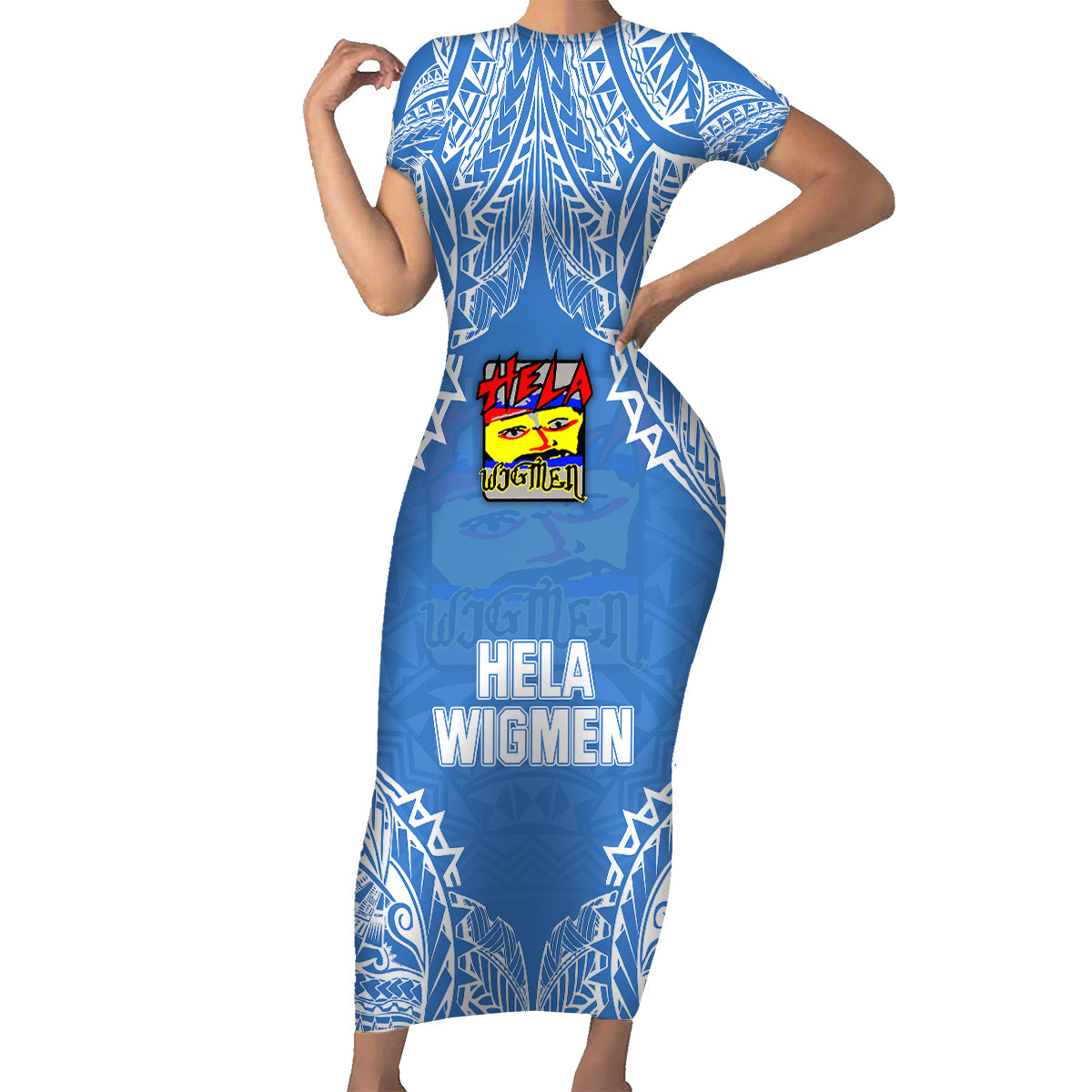 Custom Hela Wigmen Rugby Family Matching Short Sleeve Bodycon Dress and Hawaiian Shirt Papua New Guinea Polynesian Tattoo LT03 Mom's Dress Blue - Polynesian Pride
