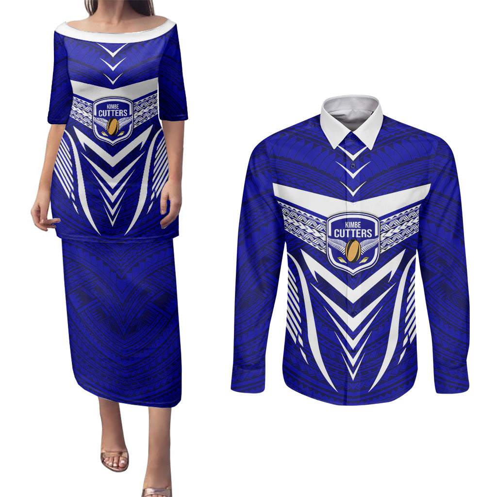 Kimbe Cutters Rugby Couples Matching Puletasi Dress and Long Sleeve Button Shirts Papua New Guinea Polynesian Tattoo Blue Version LT03 Blue - Polynesian Pride