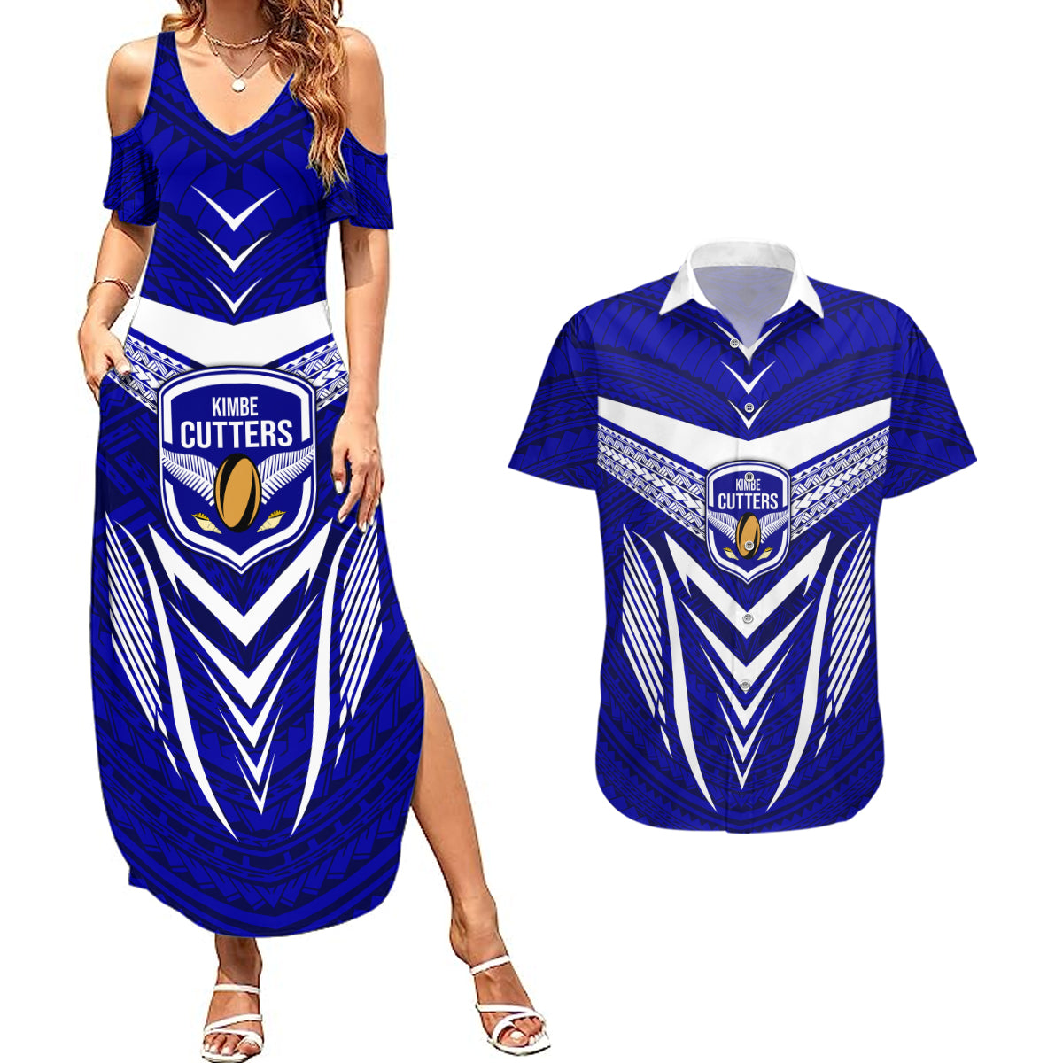 Kimbe Cutters Rugby Couples Matching Summer Maxi Dress and Hawaiian Shirt Papua New Guinea Polynesian Tattoo Blue Version LT03 Blue - Polynesian Pride