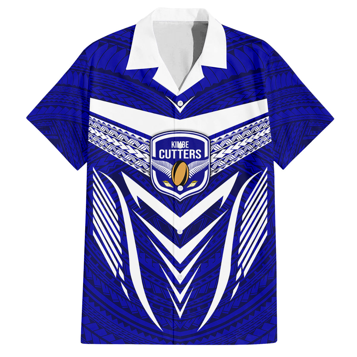 Kimbe Cutters Rugby Family Matching Off Shoulder Long Sleeve Dress and Hawaiian Shirt Papua New Guinea Polynesian Tattoo Blue Version LT03 Dad's Shirt - Short Sleeve Blue - Polynesian Pride