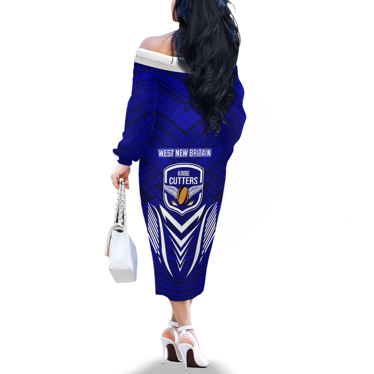 Kimbe Cutters Rugby Family Matching Off Shoulder Long Sleeve Dress and Hawaiian Shirt Papua New Guinea Polynesian Tattoo Blue Version LT03 - Polynesian Pride