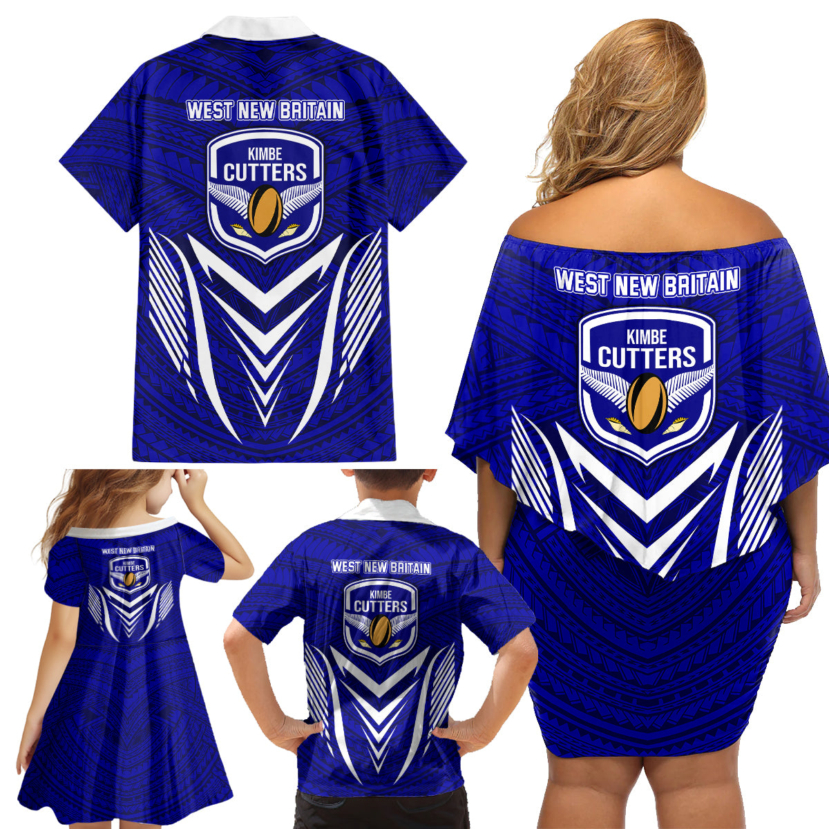 Kimbe Cutters Rugby Family Matching Off Shoulder Short Dress and Hawaiian Shirt Papua New Guinea Polynesian Tattoo Blue Version LT03 - Polynesian Pride