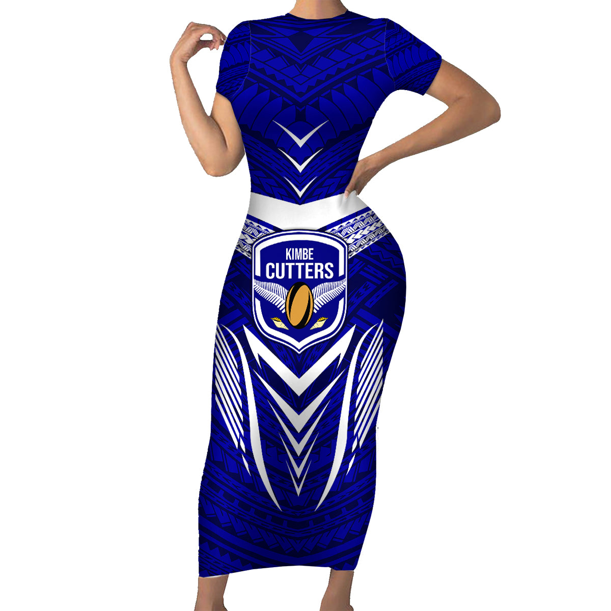 Kimbe Cutters Rugby Family Matching Short Sleeve Bodycon Dress and Hawaiian Shirt Papua New Guinea Polynesian Tattoo Blue Version LT03 Mom's Dress Blue - Polynesian Pride