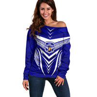 Kimbe Cutters Rugby Off Shoulder Sweater Papua New Guinea Polynesian Tattoo Blue Version LT03 Women Blue - Polynesian Pride