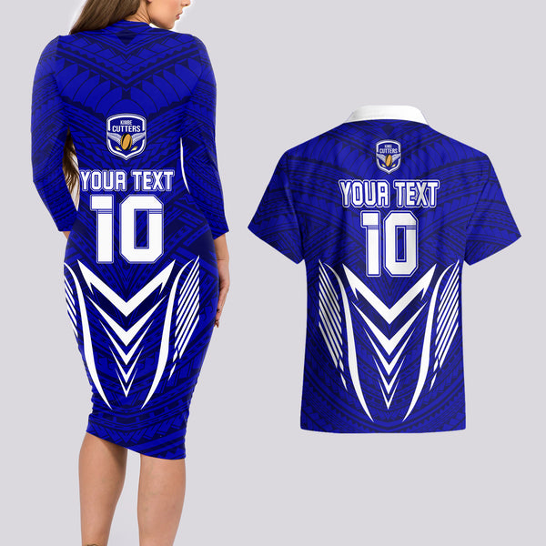 Custom Kimbe Cutters Rugby Couples Matching Summer Maxi Dress and Long Sleeve Button Shirts Papua New Guinea Polynesian Tattoo Blue Version LT03