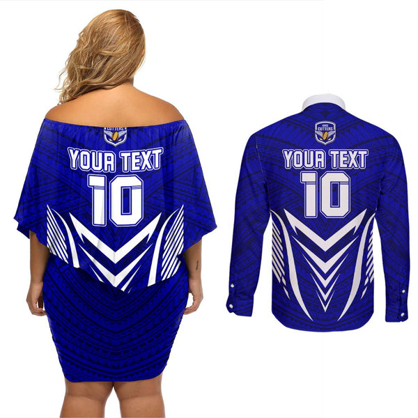 Custom Kimbe Cutters Rugby Couples Matching Summer Maxi Dress and Long Sleeve Button Shirts Papua New Guinea Polynesian Tattoo Blue Version LT03 main image 0