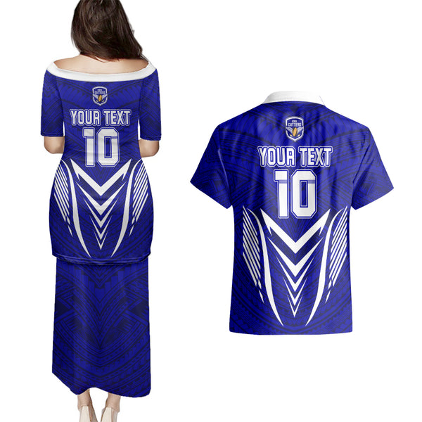 Custom Kimbe Cutters Rugby Couples Matching Summer Maxi Dress and Long Sleeve Button Shirts Papua New Guinea Polynesian Tattoo Blue Version LT03 main image 1