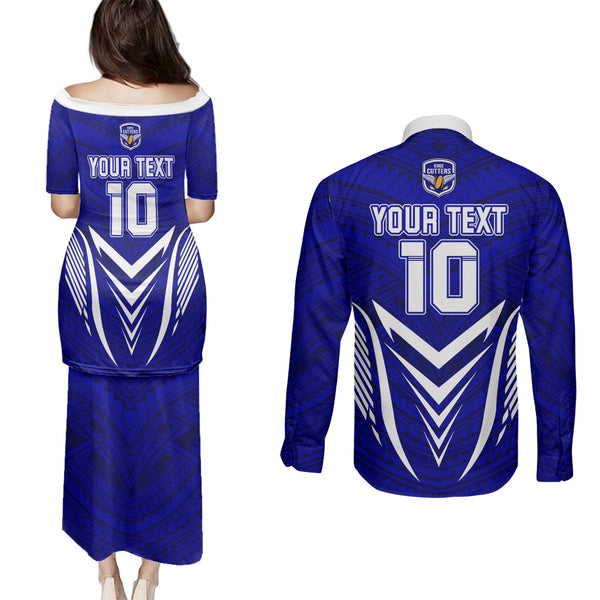 Kimbe Cutters Rugby Couples Matching Summer Maxi Dress and Long Sleeve Button Shirts Papua New Guinea Polynesian Tattoo Blue Version LT03