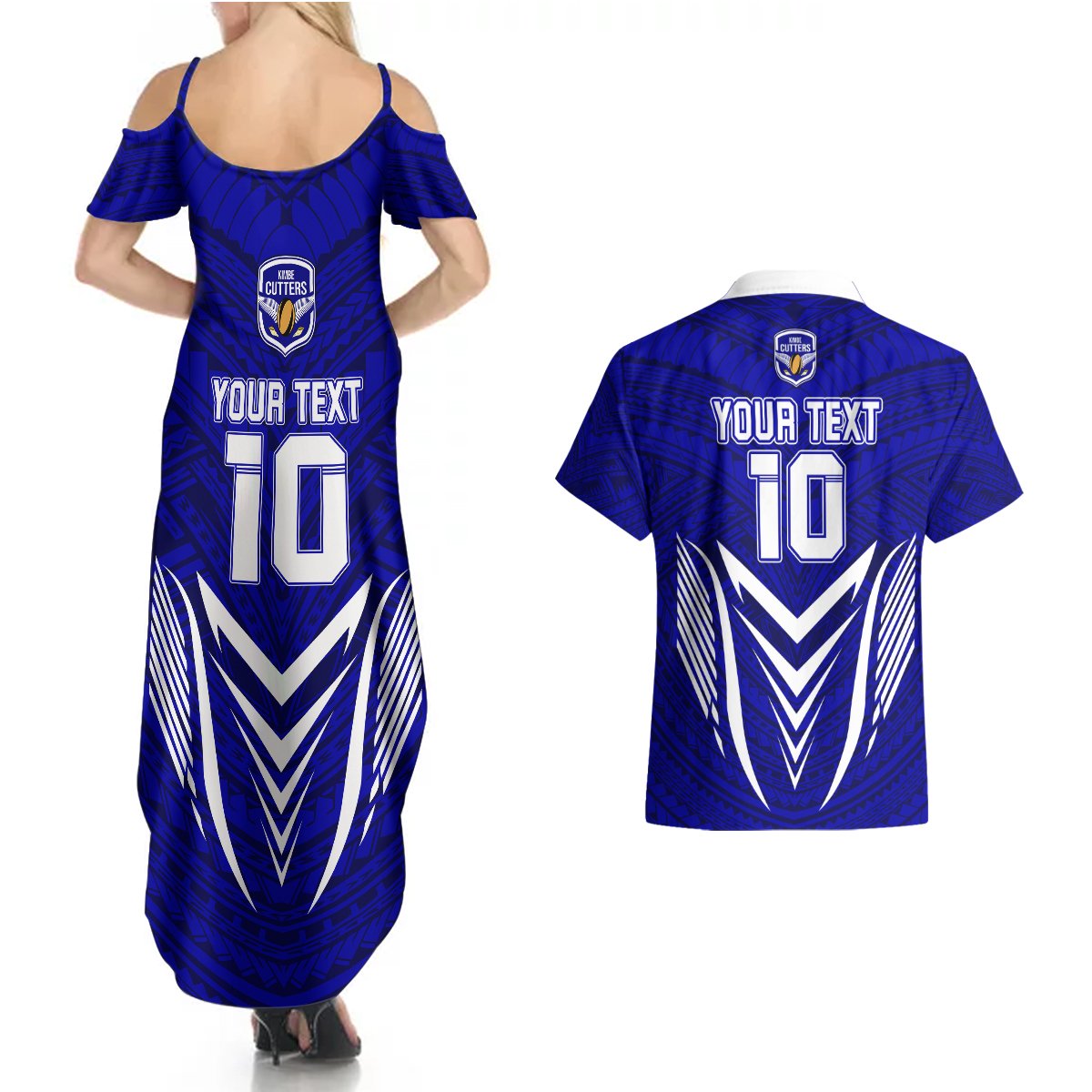 Custom Kimbe Cutters Rugby Couples Matching Summer Maxi Dress and Hawaiian Shirt Papua New Guinea Polynesian Tattoo Blue Version LT03 - Polynesian Pride