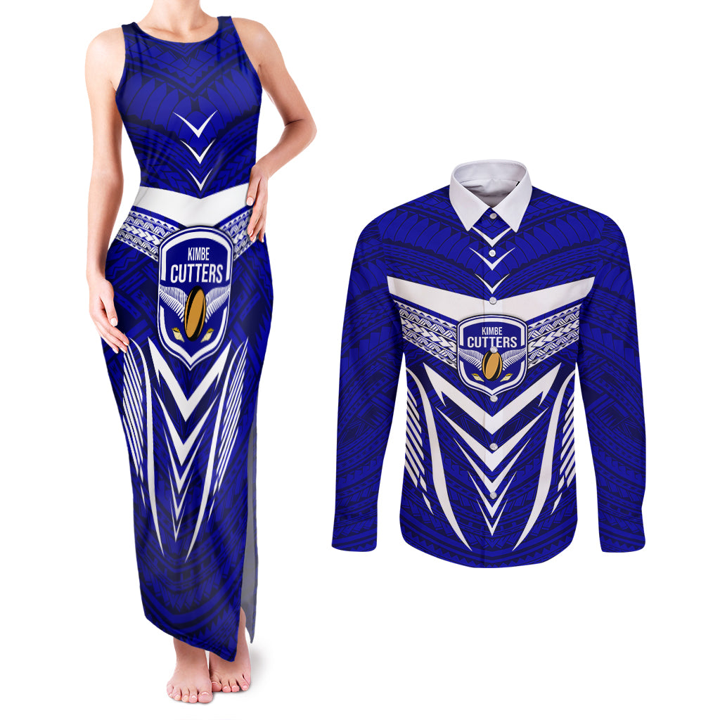 Custom Kimbe Cutters Rugby Couples Matching Tank Maxi Dress and Long Sleeve Button Shirts Papua New Guinea Polynesian Tattoo Blue Version LT03 Blue - Polynesian Pride