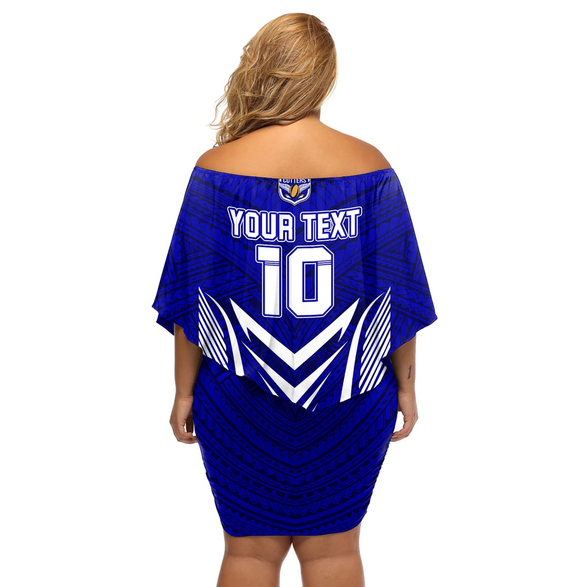 Custom Kimbe Cutters Rugby Off Shoulder Short Dress Papua New Guinea Polynesian Tattoo Blue Version LT03 - Polynesian Pride
