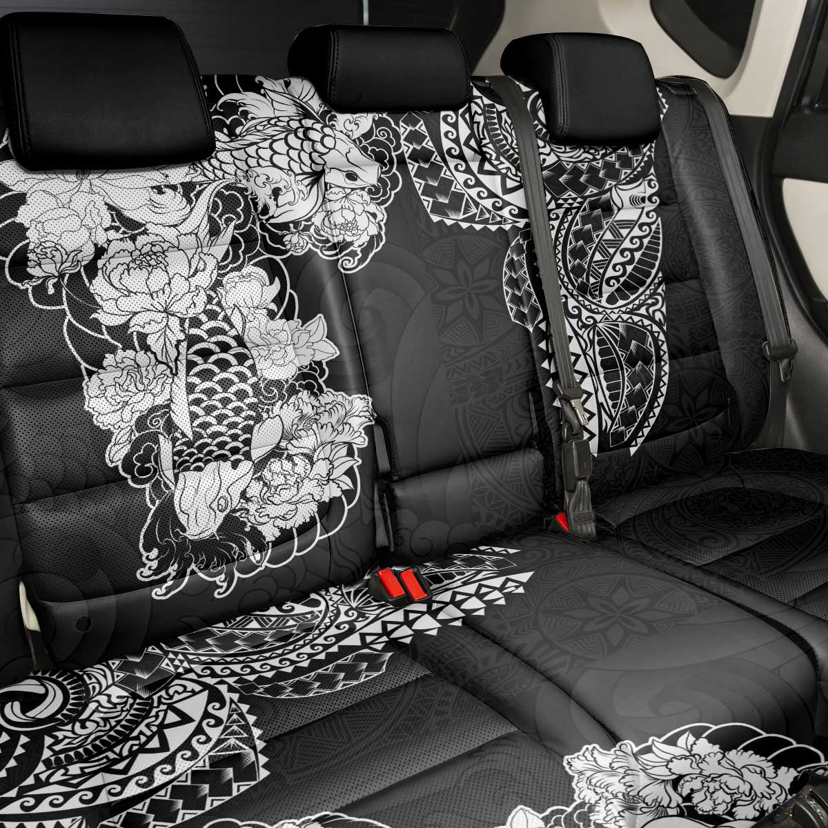 Japanese Irezumi and Hawaiian Polynesian Art Tattoo Back Car Seat Cover Black Color - Polynesian Pride
