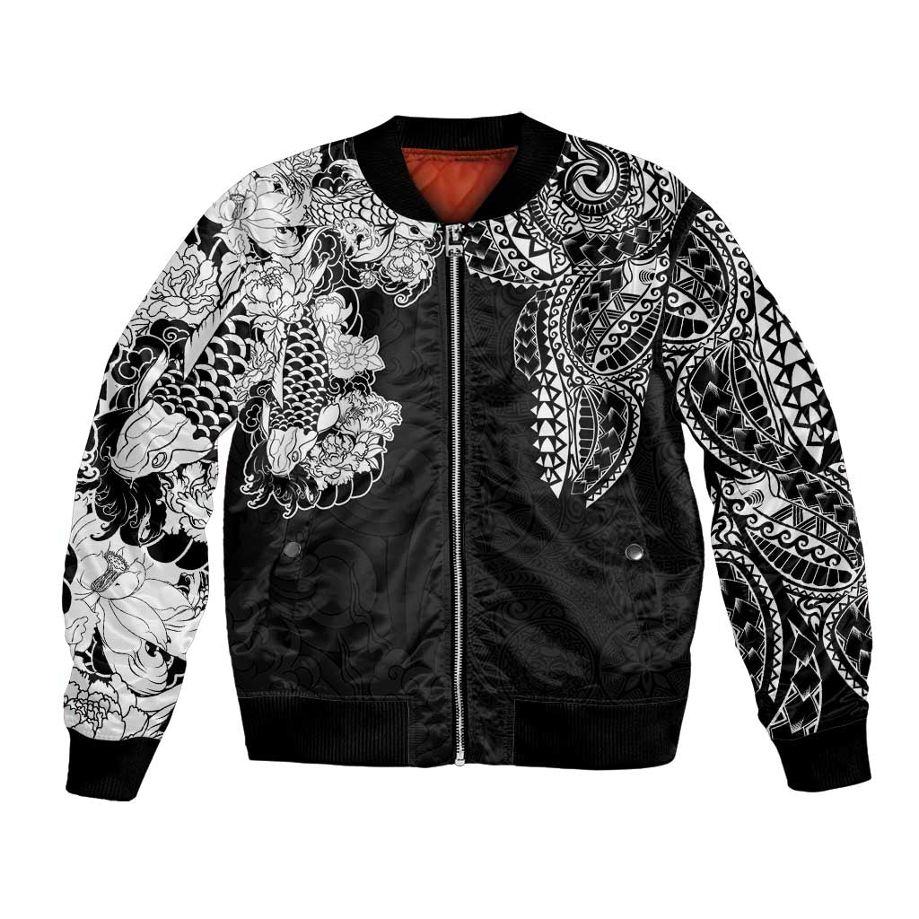 Japanese Irezumi and Hawaiian Polynesian Art Tattoo Bomber Jacket Black Color - Polynesian Pride