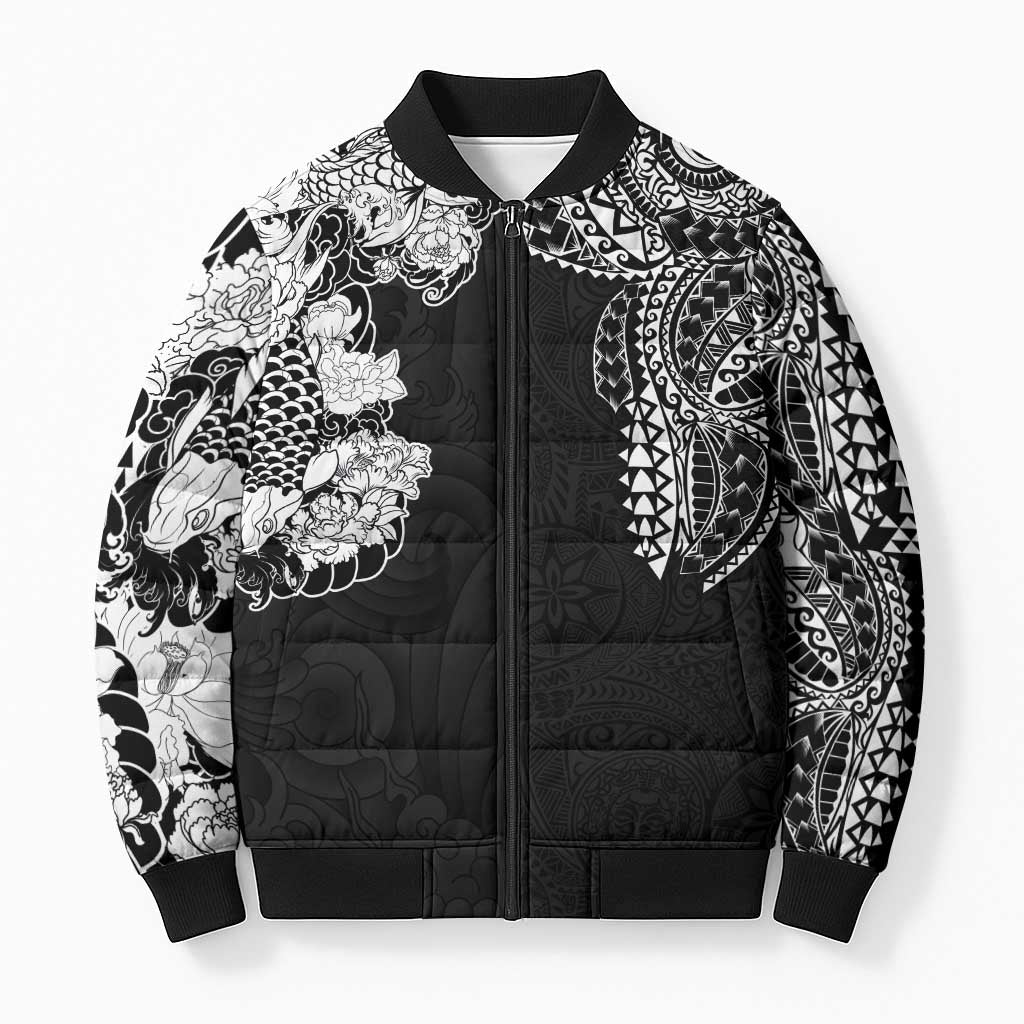 Japanese Irezumi and Hawaiian Polynesian Art Tattoo Bomber Puffer Jacket Black Color - Polynesian Pride
