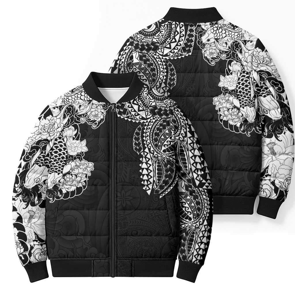Japanese Irezumi and Hawaiian Polynesian Art Tattoo Bomber Puffer Jacket Black Color - Polynesian Pride