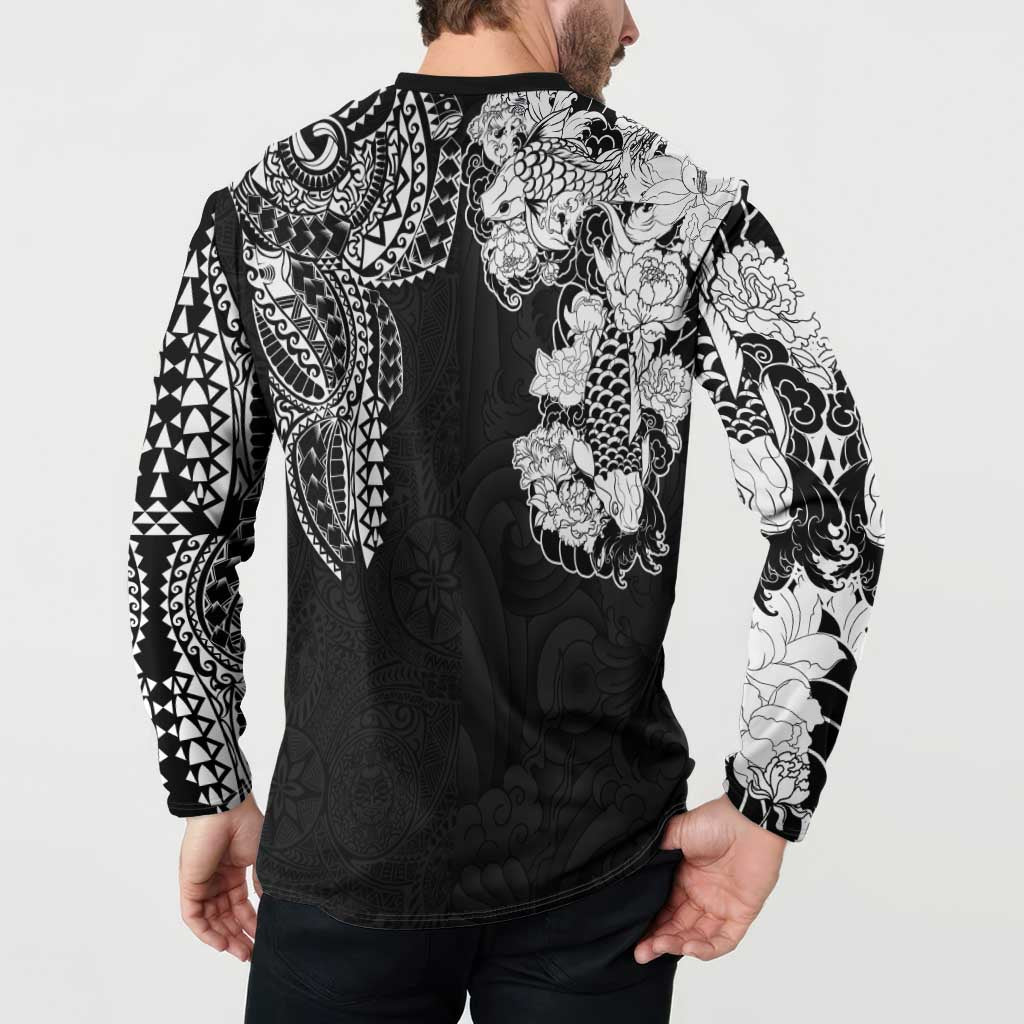 Japanese Irezumi and Hawaiian Polynesian Art Tattoo Button Sweatshirt Black Color - Polynesian Pride