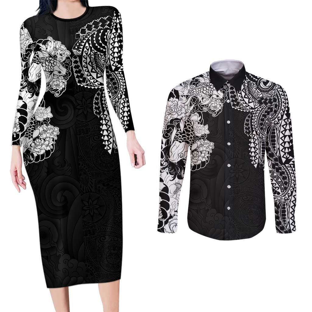 Japanese Irezumi and Hawaiian Polynesian Art Tattoo Couples Matching Long Sleeve Bodycon Dress and Long Sleeve Button Shirt Black Color - Polynesian Pride