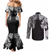 Japanese Irezumi and Hawaiian Polynesian Art Tattoo Couples Matching Mermaid Dress and Long Sleeve Button Shirt Black Color - Polynesian Pride