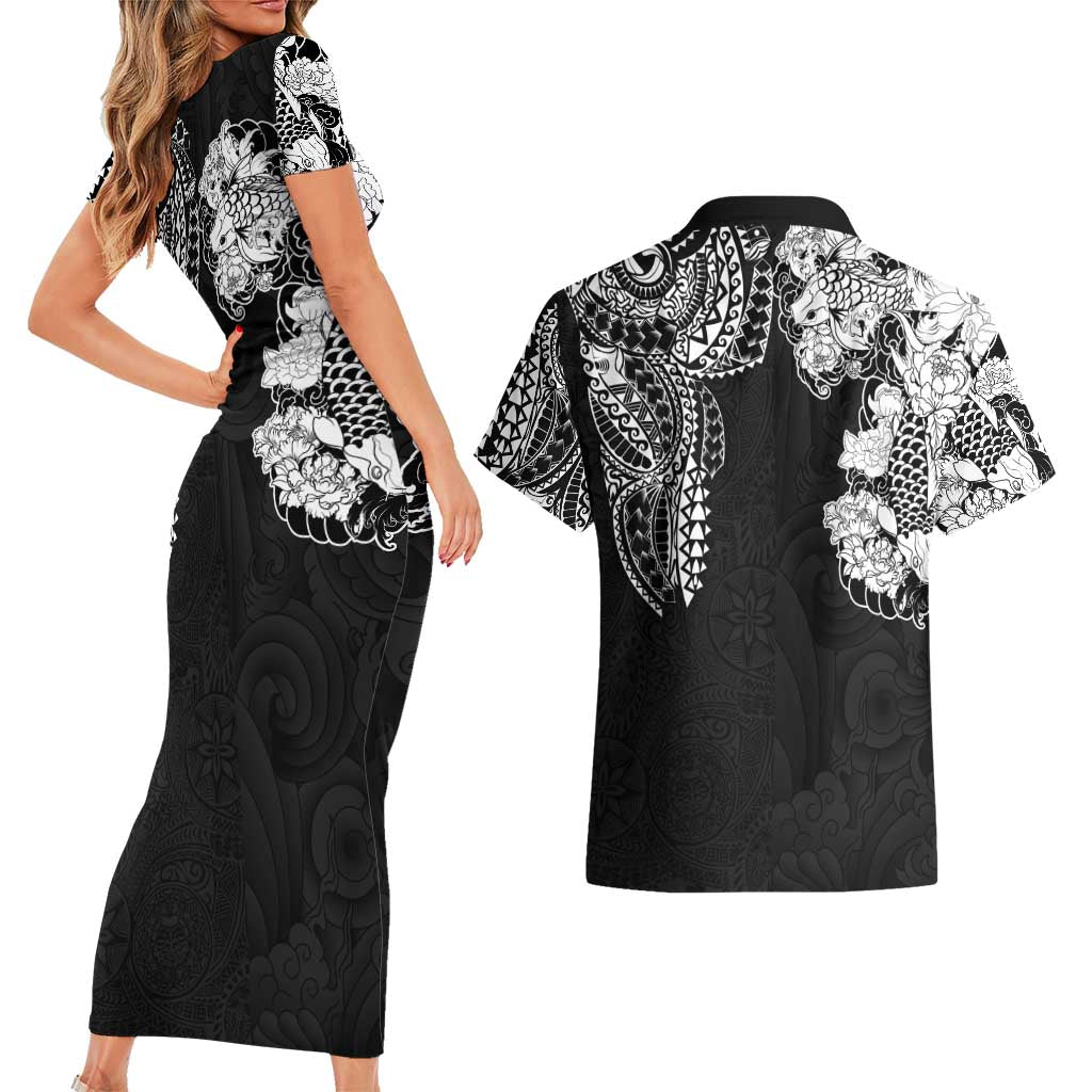 Japanese Irezumi and Hawaiian Polynesian Art Tattoo Couples Matching Short Sleeve Bodycon Dress and Hawaiian Shirt Black Color - Polynesian Pride
