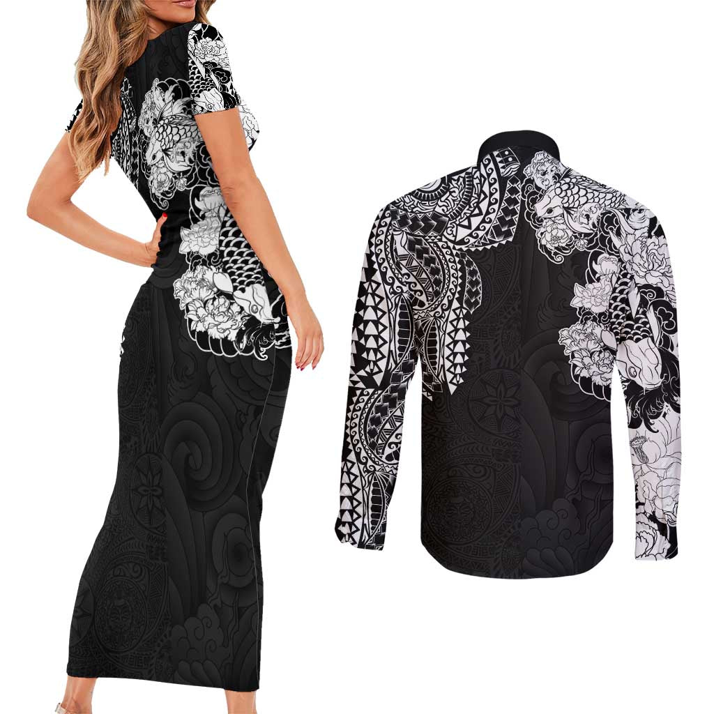Japanese Irezumi and Hawaiian Polynesian Art Tattoo Couples Matching Short Sleeve Bodycon Dress and Long Sleeve Button Shirt Black Color - Polynesian Pride